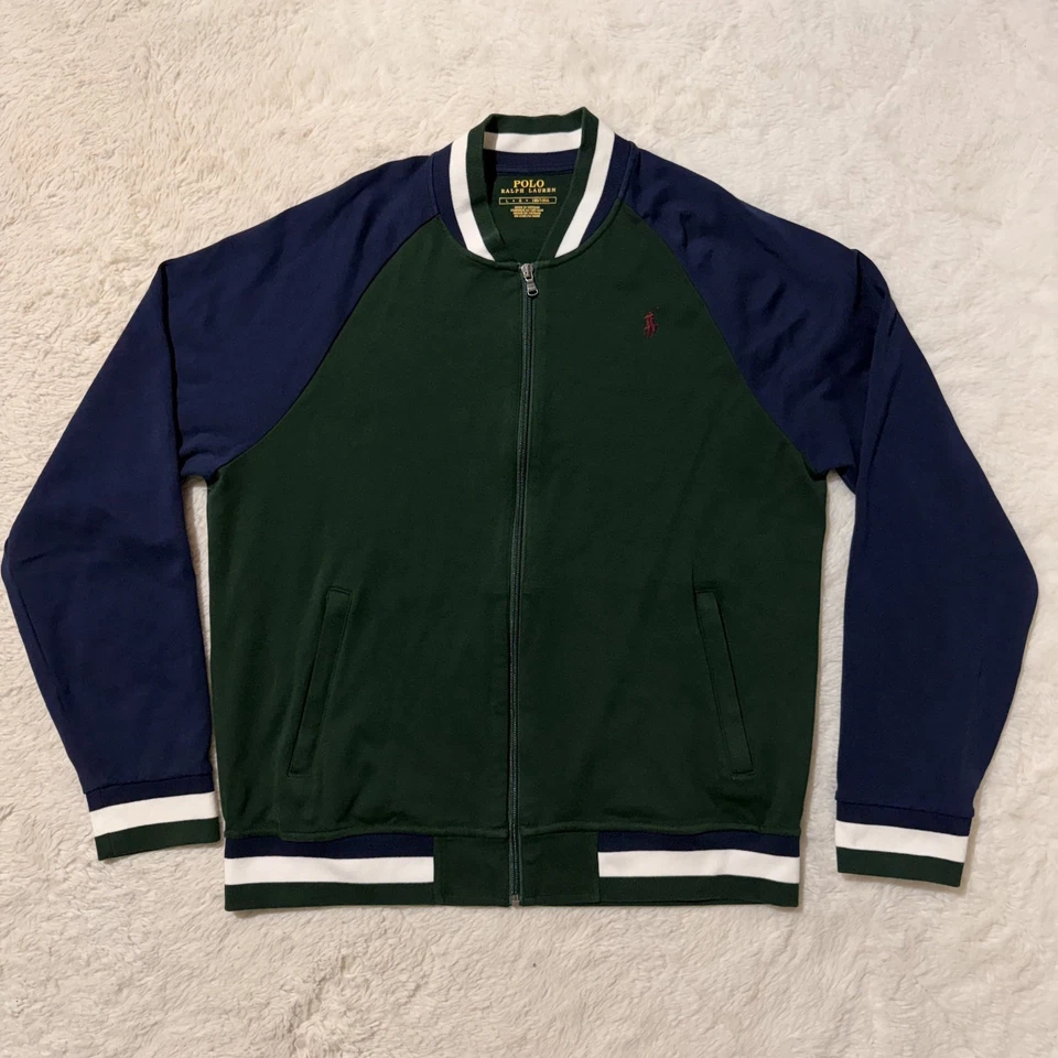 Polo Ralph Lauren 男式大号棉棒球校队拉链夹克绿色蓝色 — 第 1/4 张图片