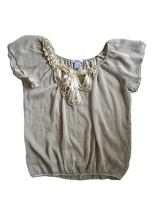 Y2K Women’s Charlotte Russe Sheer Top W Sequin Bow Size Large Light Beige/cream - Picture 1 of 7