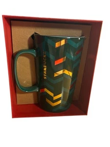 Starbucks 2014 Collectors Coffee Mug Ceramic Rare Color Green Gold Zig Zag 16 oz - Picture 1 of 7