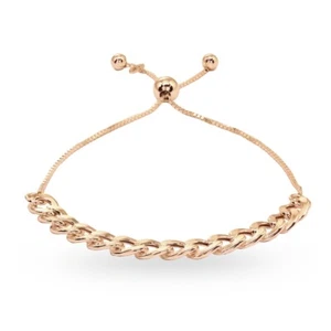 Thin Cuban Link Chain Adjustable Rose Gold Plated Silver Pull-String Bracelet - Picture 1 of 4