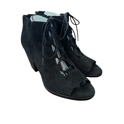 Eileen Fisher Slew Booties Lace Up Peep Toe Sandals Black Suede Woven Size 9 - Image 1 of 4