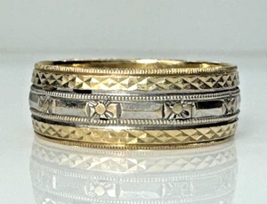 Vintage 14k Yellow & White Gold Etched Design Wedding Band Ring Sz 11.5 5g 8mm - Picture 1 of 7