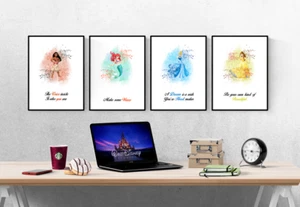 Disney Princess Quote Splash Colour Set Of 4 Prints Pictures Wall Art Poster - Picture 1 of 12
