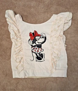 Disney Girls Minnie Mouse Smocked Ruffle Polka Dot Beige Cream Top Size 11/12 - Picture 1 of 3