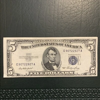 62693 Banknote Rare 1953 $5 5 Dollar bill Silver/blue Seal Crisp Paper Money AU? - Image 1 of 2