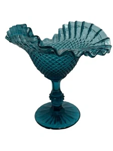 Vintage IVIMA Teal/Ultramarine Blue Ruffled Diamond Point Compote/Candy Dish - Picture 1 of 5