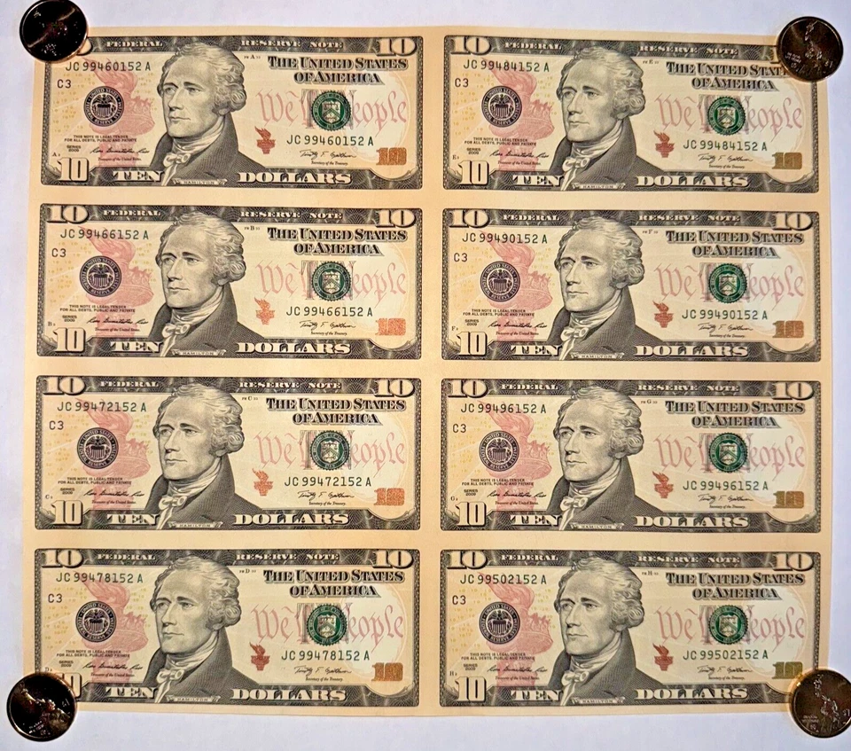 $10 Ten Dollar Bills Uncut Currency Sheet of 8 Notes Leaf 2009 - $80 Total - Image 1 of 1