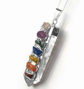 FuNkY Quartz Crystal Point 7 Chakra Pendant Sterling Silver Necklace CHARGED Hea - Picture 1 of 9