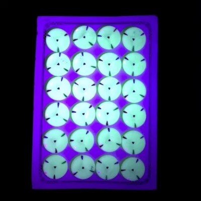 Card (24) vintage Czech hand painted geometric white uranium glass buttons 18mm - Image 1 of 4