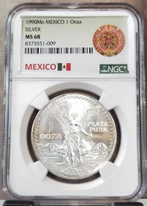 1990 MEXICO SILVER LIBERTAD 1 ONZA NGC MS 68 RARE HIGH GRADE GEM BEAUTY - Picture 1 of 3