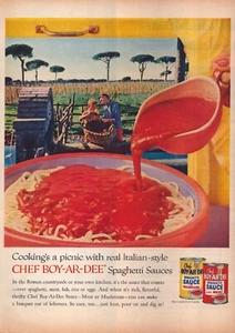 1958 Chef Boy Ar Dee Spaghetti Sauce Print Ad Meat Mushroom Roman Countryside - Picture 1 of 1