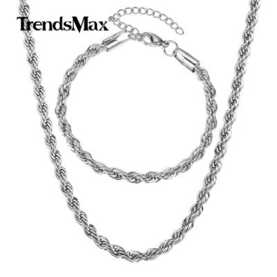 3mm Stainless Steel Rope Chain Necklace Bracelet Jewelry Set Mens Womens Gift - Image 1 of 4