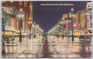 New Orleans Louisiana Linen Postcard Canal Street at Night - Picture 1 of 2