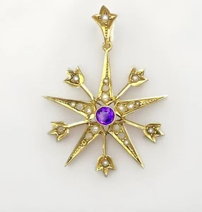 Antico set ciondolo oro 9 ct 2 grammi ametista e perle semi - vittoriano - Foto 1 di 2