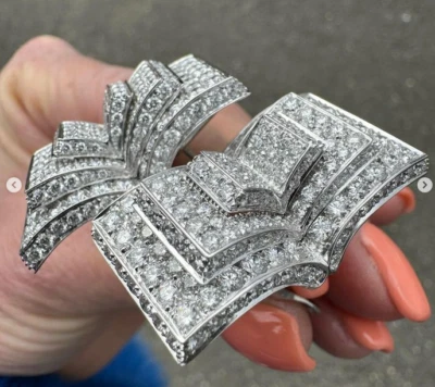 RCM Italian 18K White Gold 8ctw Fiery Diamond Large Open Book Omega Earrings - Image 1 of 4