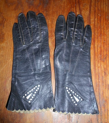 Vintage Black Leather with White Cutwork Design Ladies Wrist Length Dress Gloves - Image 1 of 4