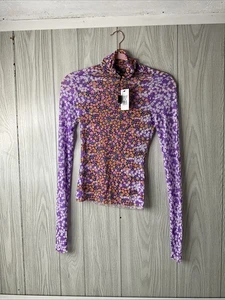 Neu mit Etikett Damen XS AFRM Zadie Netz Rollkragen Top LS Daumenlöcher VIOLETT DITSY - Bild 1 von 10
