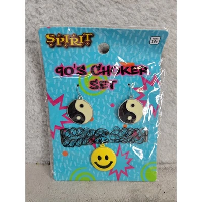 Spirit 90s Choker Set Yin Yang Smiley Face Necklace Earrings Costume - Image 1 of 2