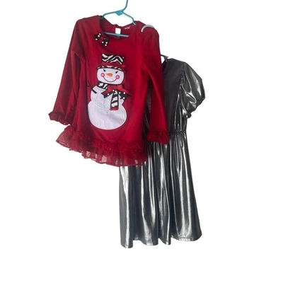 Girls Size 6 Holiday Bundle Snowman Embroidered Red Metallic Tunic & Dress - Image 1 of 4