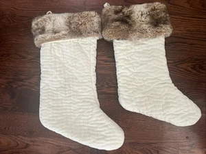 Pair (2)  Pottery Barn IVORY CHANNEL QUILTED VELVET Christmas Stocking with Fur - Picture 1 of 13