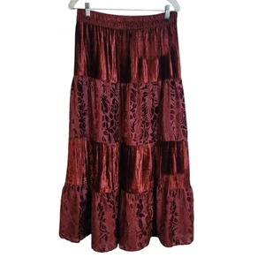 XTC Velvet Burnout Tiered Maxi Skirt Womens Petite Medium Red Floral Holiday VTG - Picture 1 of 9