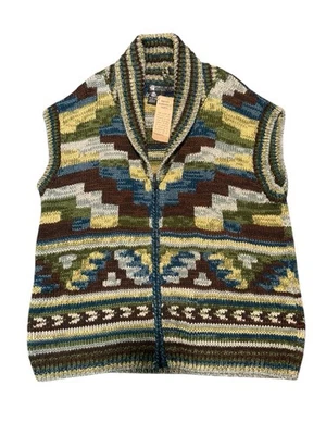 Vintage MANOS DEL URUGUAY Cardigan Best Zip Wool Sweater L GEOMETRIC Design NWT - Image 1 of 4