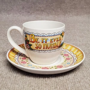 Maria Engelbreit's Teetasse und Untertasse "Be It Ever So Humble" gelb mit Blumen - Bild 1 von 7
