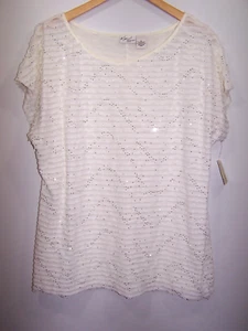 Kim Rogers Off White Short Sleeve Ruffle Blouse, Silver foil Polka Dots Size 2X - Picture 1 of 3
