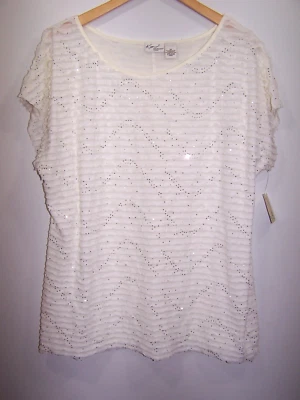 Blusa Kim Rogers Off White Manga Corta Volantes, Lunares Lámina Plateada Talla 2X Foto 1 de 3