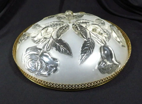 Vtg Glass Ceiling Light Shade w/ BRASS Trim - Roses - 13" daimeter - BEAUTIFUL Cover
