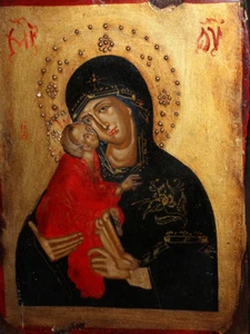 Icono ortodoxo témpera vintage Virgen María y Cristo Niño - Imagen 1 de 12