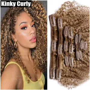 Clip Afro Kinky Rizado Yaki en Extensiones de Cabello Humano Remy Real Tejido Cabeza Completa EE. UU. - Imagen 1 de 22