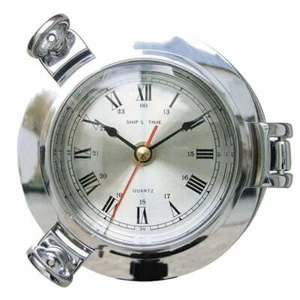 Wanduhr im Bullauge, Schiffsuhr im Retro Stil, Messing vernickelt Ø 14 cm - Bild 1 von 1