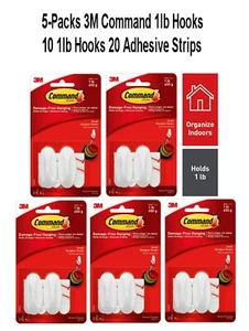 5 Pks 3M Command Hooks Small 1lb Adhesive Strips 5-Packs (10 Hooks 20 Strips) - Picture 1 of 7