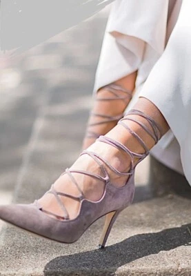 VINCE CAMUTO Suede Pumps Lace Up Heels Taupe Barsha Back Zip Sz 9M / 39 - Image 1 of 4