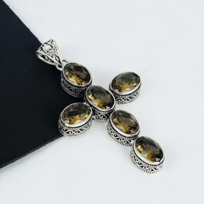 925 Sterling Silber Rauchige Quarz Edelstein Handgemacht Schmuck Kreuz Anhänger - Bild 1 von 4