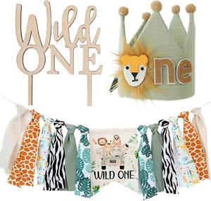 Wild One Birthday High Chair Banner Party Decoration for Boys Jungle Theme Decor - Picture 1 of 12