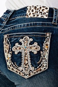 Grace in LA Women's Cheetah Cross Pattern Embroidered Stretch Bootcut Jeans - Picture 1 of 3