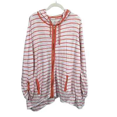 Chaqueta suéter con capucha a rayas Chico's Zenergy Reese XL blanca/naranja Foto 1 de 4