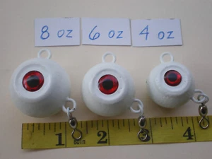 6 PCS. FLUKE EAR BALL JIGS W/EYE SOCKET #1 SWIVEL WHITE, 8, 6, 4 OZ. 2ea. - Picture 1 of 19