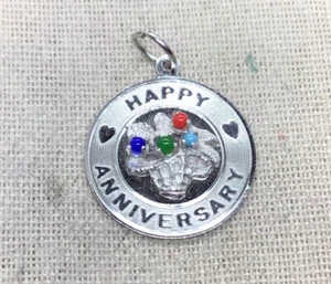 Vintage Sterling 925 "Happy Anniversary" Glass Beaded Flowers Pendant Y830 - Picture 1 of 5