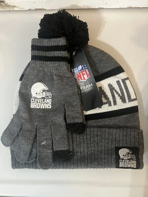 Cleveland Browns Cuffed Knit Hat with Pom and Gloves Set Gray White Black NFL - Image 1 of 4