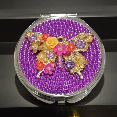 Espejo compacto personalizado púrpura con joyas mariposa aumento de doble cara Foto 1 de 4