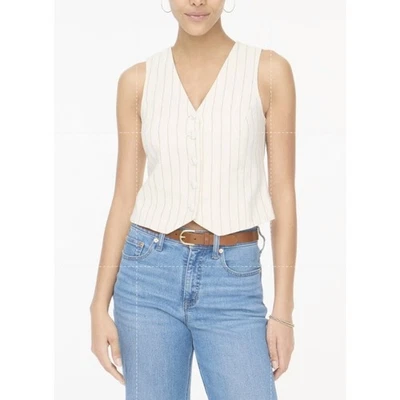 J.Crew Button Front Linen Blend Vest Womens 4 White Brown Pinstripes CI314 Lined - Image 1 of 4