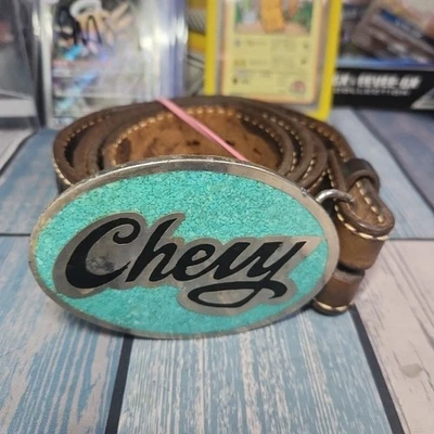 VTG Silver Tone Chevy Chevrolet Belt Buckle TURQUISE & Mint Enamel +Leather Belt - Image 1 of 4