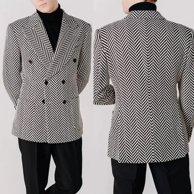 Business Men Suits Herringbone Wedding Party Tuxedos Tailored Wool Blend Tweed - Image 1 of 4