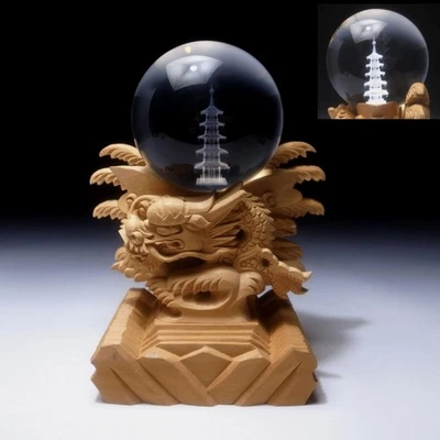Suporte de dragão esculpido em madeira japonês VF26 com bola de vidro templo processado a laser 3D - Imagem 1 de 4