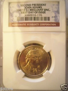 Second President John Adams 2007-D 1 $ NGC STU Fist Day Of Issue - SCHÖNER GESCHENKARTIKEL - Bild 1 von 2