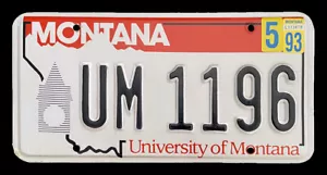MT GRAPHIC COLLEGIATE AUTO LICENSE PLATE " UM 1196 " UNIVERSITY OF MONTANA MONT - Picture 1 of 1