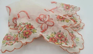 Vintage Taschentuch transparent weiß mit rosa & gelben Blumen & Bändern Druck - Bild 1 von 6